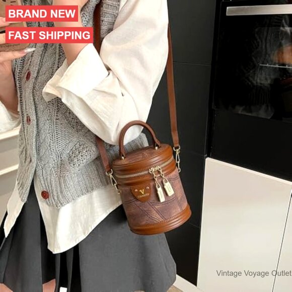 Retro Canvas Bucket Bag Cylinder Purse Shoulder Crossbody Handbag